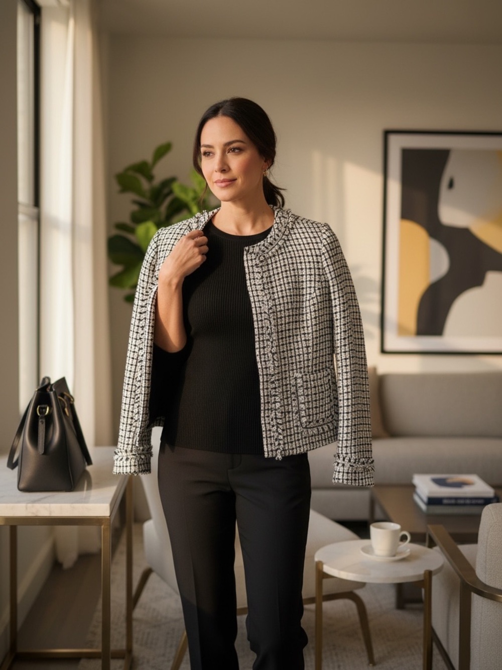 Apostrophe Black & White Tweed Open-Front Jacket